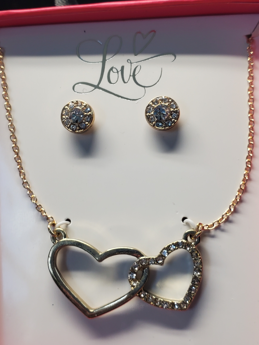 Forever 21 Gold Double Heart Pendant Necklace with Crystal Accent Earrings